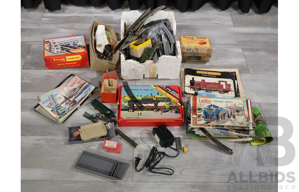 Collection of Tri-Ang OO Scale Track, Hornby Three Rail Track, Transformers, Scenery Items and Catalogues Including Marklin, Tri-Ang, Meccano
