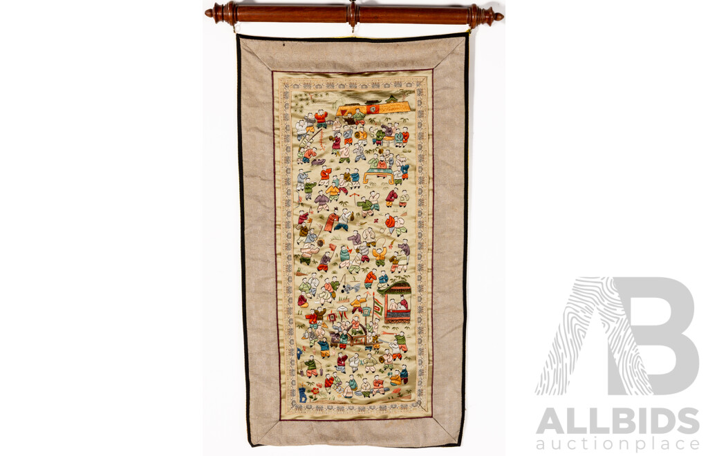 Artist Unknown (Chinese School), One Hundred Children at Play, Beautiful Vintage Chinese Qing Fine Silk Hand Embroidered Panel Scroll, 63 x 34 cm (panel)
