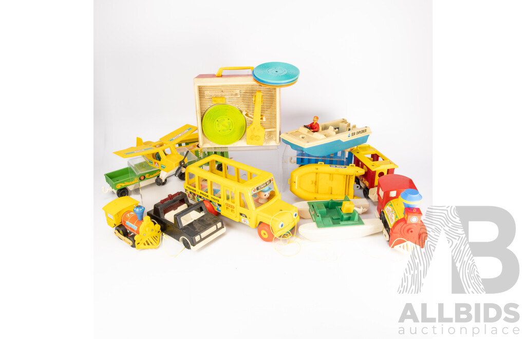 Collection of Vintage Fisher Price Toys Including 1970's Turntable and Records, Toot Toot Train, Airplane, Boats,