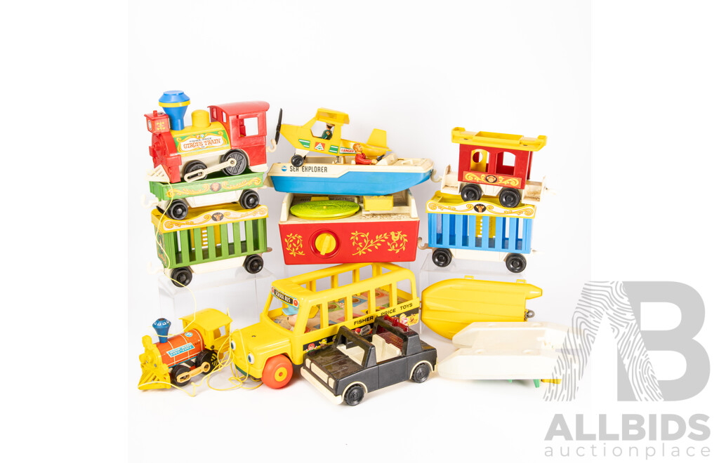Collection of Vintage Fisher Price Toys Including 1970's Turntable and Records, Toot Toot Train, Airplane, Boats,
