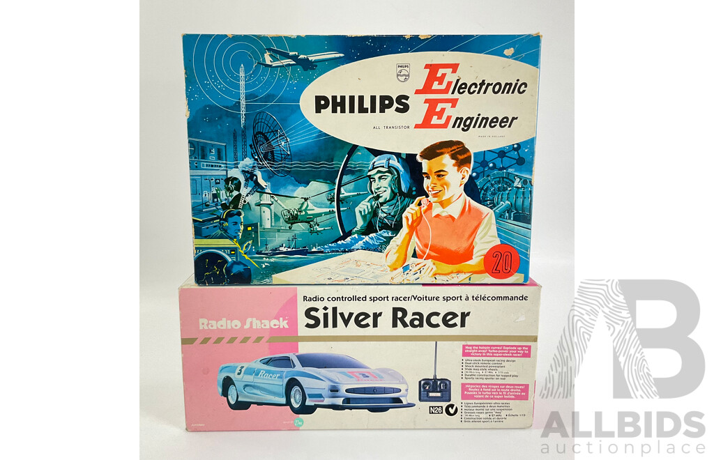 Vintage Phillips Electronic Engineer Set and Radio Shack Radio Controlled Silver Racer