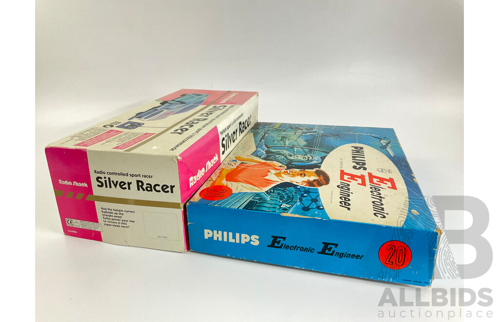 Vintage Phillips Electronic Engineer Set and Radio Shack Radio Controlled Silver Racer