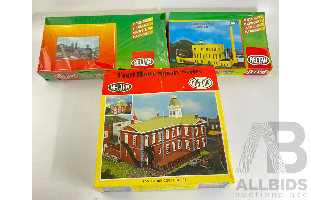 Three Heljan HO Scale Building Including Slaughterhouse, Tombstone Court House and Brick Warehouse