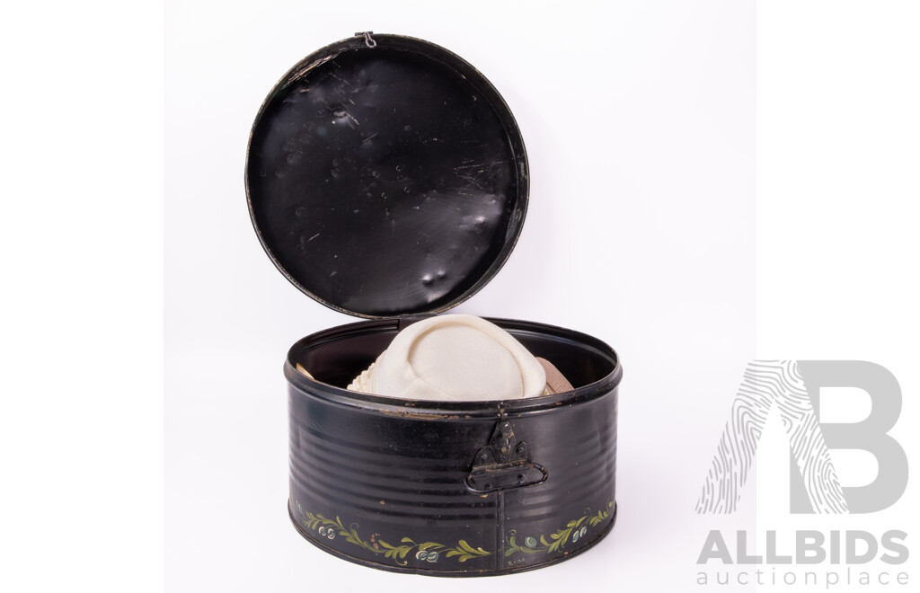 Vintage Tin Hat Box with Hand Painted Detail with Collection Vintage Ladies Hats