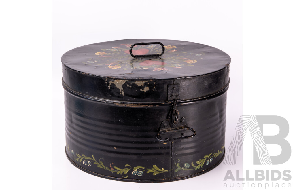 Vintage Tin Hat Box with Hand Painted Detail with Collection Vintage Ladies Hats