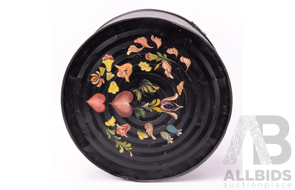 Vintage Tin Hat Box with Hand Painted Detail with Collection Vintage Ladies Hats