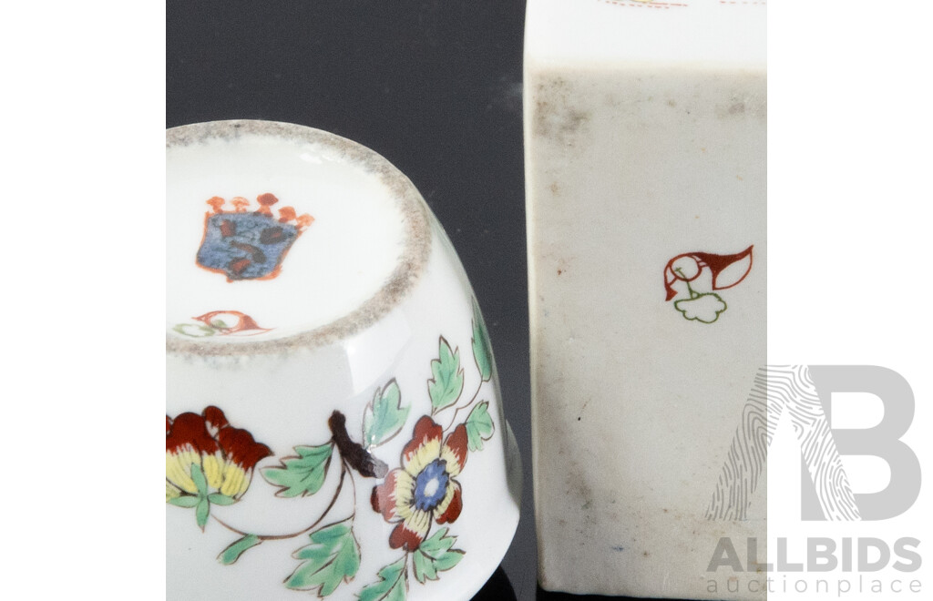 Two Antique Early French Chantilly Porcelain with Hand Painted Design, Circa Mid 1700s