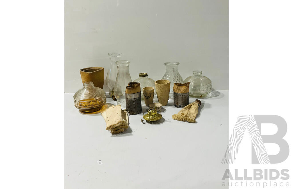 Collection Antique Oil Lamp Parts Including Glass Shades, Brass Wick Unit and Fonts
