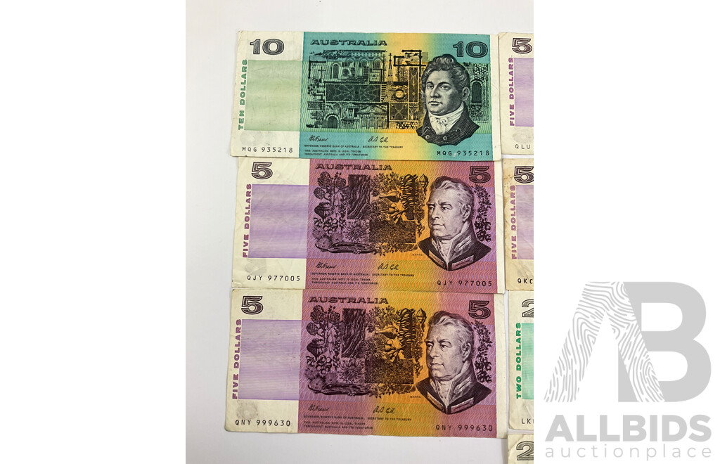 Australian Paper Banknotes Including Four 1991 Five Dollar Fraser/Cole R213, 1991 Ten Dollars Fraser/Cole R313a, Two 1985 Two Dollars Johnston/Fraser R89, Four 1982 One Dollar Johnston/Stone R78