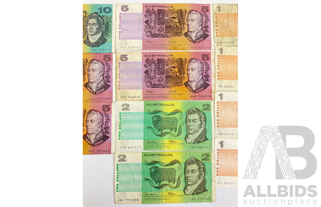 Australian Paper Banknotes Including Four 1991 Five Dollar Fraser/Cole R213, 1991 Ten Dollars Fraser/Cole R313a, Two 1985 Two Dollars Johnston/Fraser R89, Four 1982 One Dollar Johnston/Stone R78