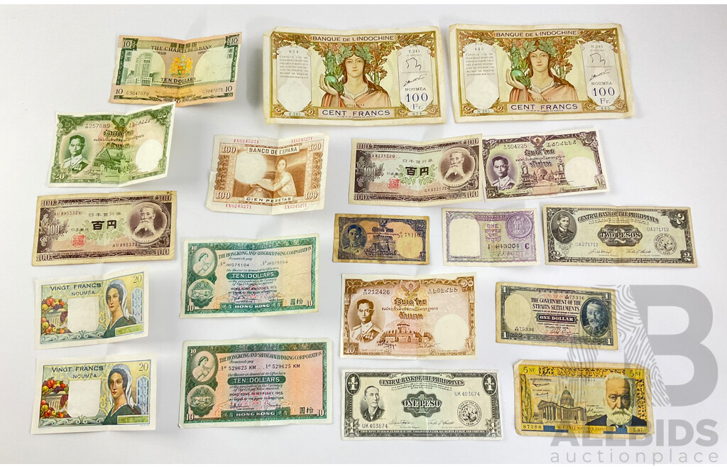 Collection of Vintage Banknotes Including 1935 Straits Settlements, 1949 Philippines, Hong Kong, Thailand, Japan, Noumea, France, Spain, India