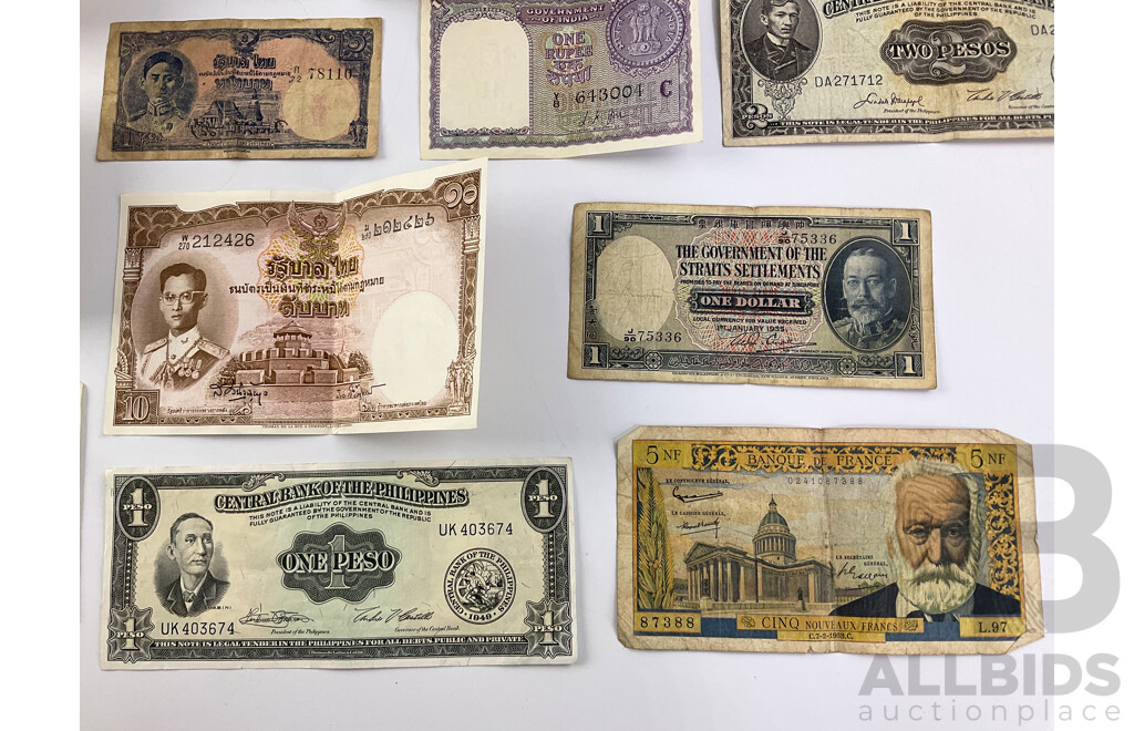 Collection of Vintage Banknotes Including 1935 Straits Settlements, 1949 Philippines, Hong Kong, Thailand, Japan, Noumea, France, Spain, India