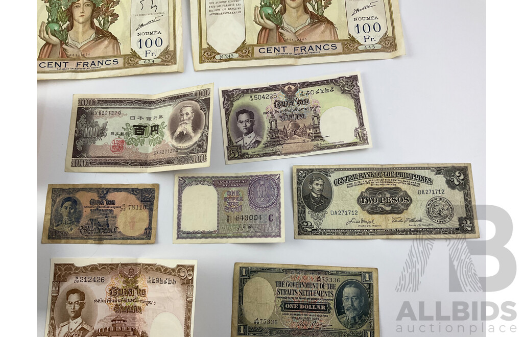 Collection of Vintage Banknotes Including 1935 Straits Settlements, 1949 Philippines, Hong Kong, Thailand, Japan, Noumea, France, Spain, India