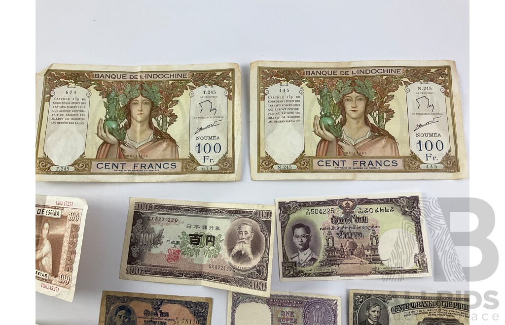 Collection of Vintage Banknotes Including 1935 Straits Settlements, 1949 Philippines, Hong Kong, Thailand, Japan, Noumea, France, Spain, India