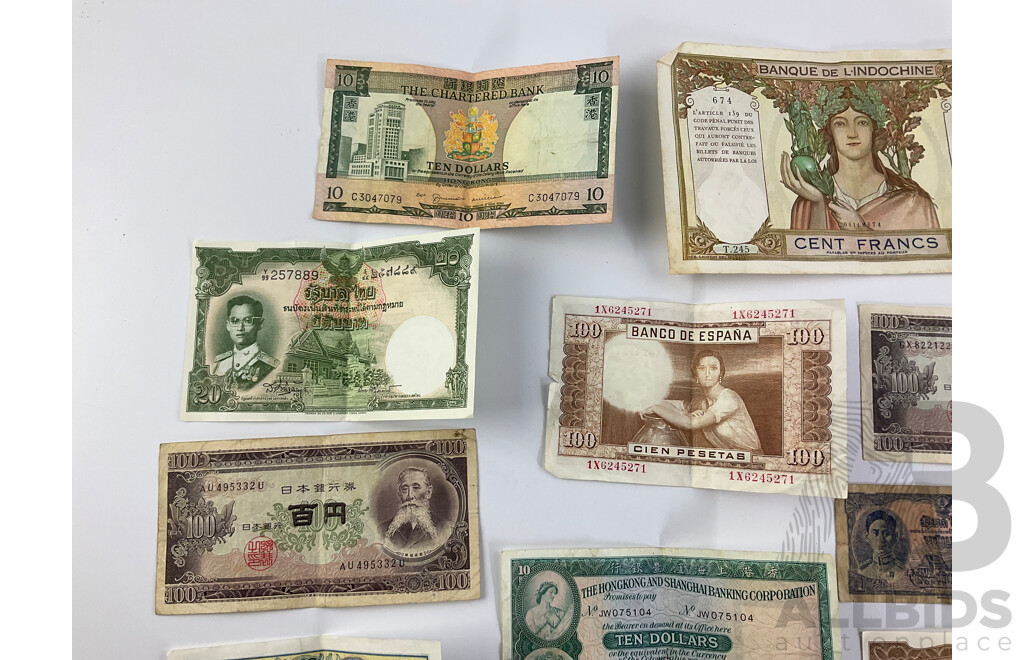 Collection of Vintage Banknotes Including 1935 Straits Settlements, 1949 Philippines, Hong Kong, Thailand, Japan, Noumea, France, Spain, India