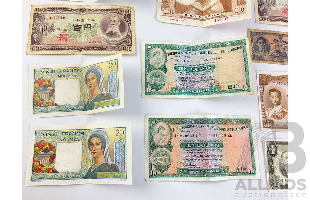 Collection of Vintage Banknotes Including 1935 Straits Settlements, 1949 Philippines, Hong Kong, Thailand, Japan, Noumea, France, Spain, India