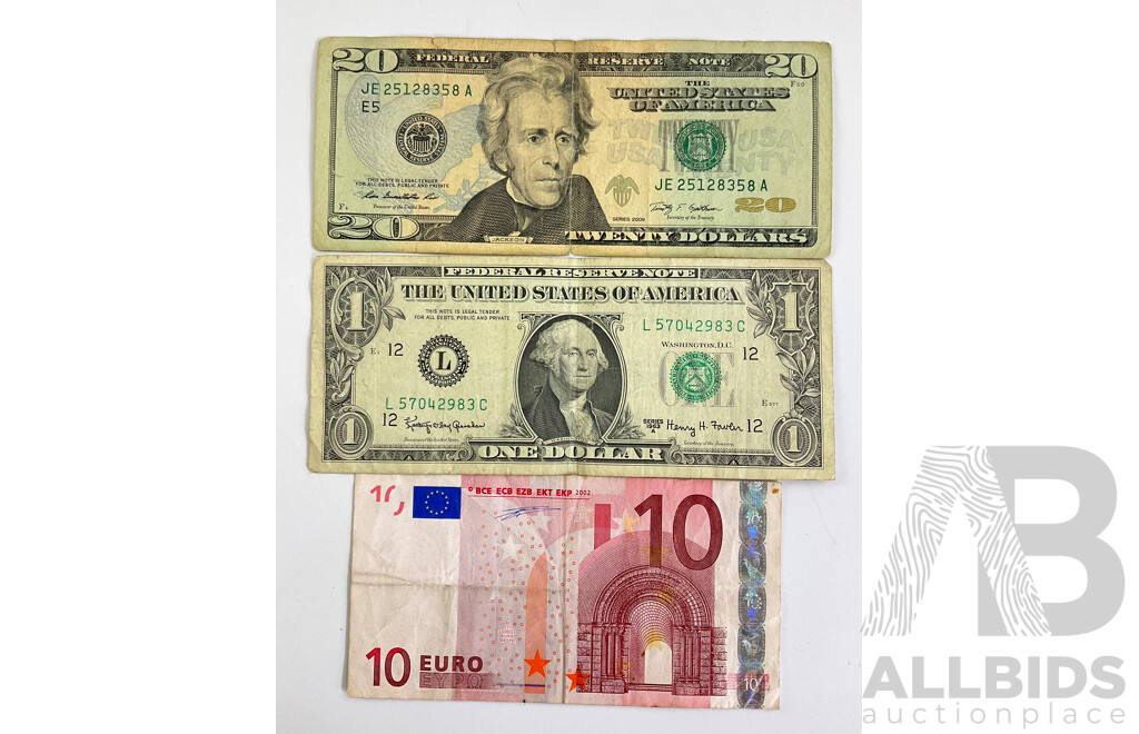 USA 2009 Twenty Dollar Note, 1963 One Dollar Note with European 2002 Ten Euro Note