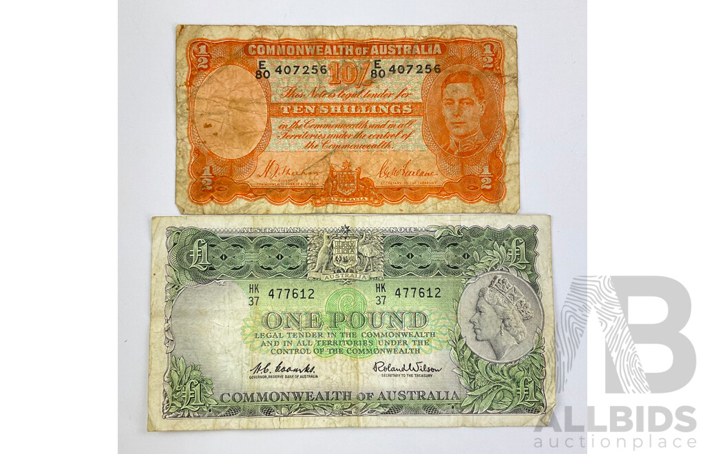 Australian 1939 Ten Shillings Note, Sheehan/McFarlane R12, E80 407256 and 1961 One Pound Note, Coombs/Wilson R34 HK 37 477612