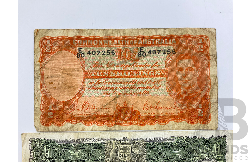Australian 1939 Ten Shillings Note, Sheehan/McFarlane R12, E80 407256 and 1961 One Pound Note, Coombs/Wilson R34 HK 37 477612