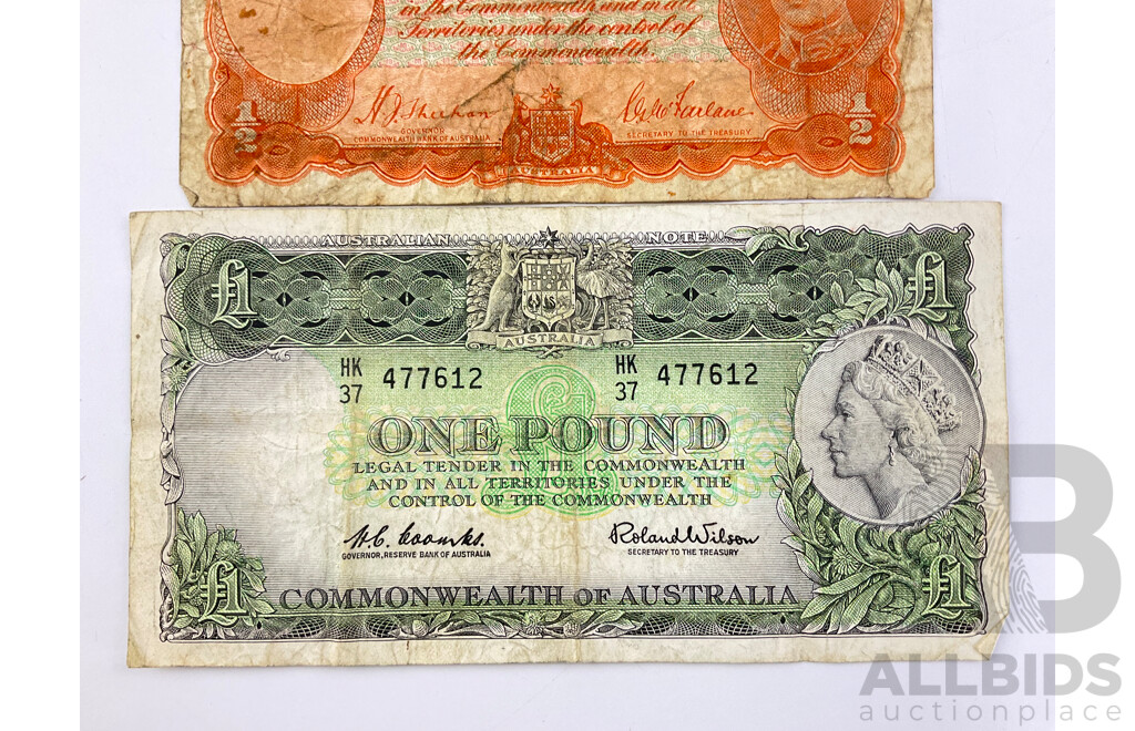Australian 1939 Ten Shillings Note, Sheehan/McFarlane R12, E80 407256 and 1961 One Pound Note, Coombs/Wilson R34 HK 37 477612
