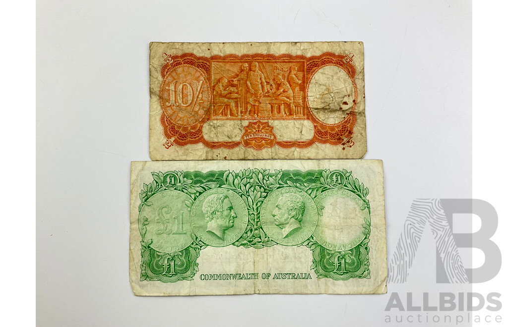 Australian 1939 Ten Shillings Note, Sheehan/McFarlane R12, E80 407256 and 1961 One Pound Note, Coombs/Wilson R34 HK 37 477612