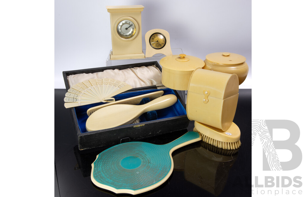 Collection Vintage Ivorine and Faux Ivory Vanity Items