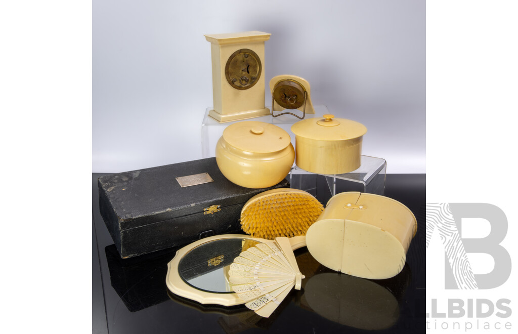 Collection Vintage Ivorine and Faux Ivory Vanity Items