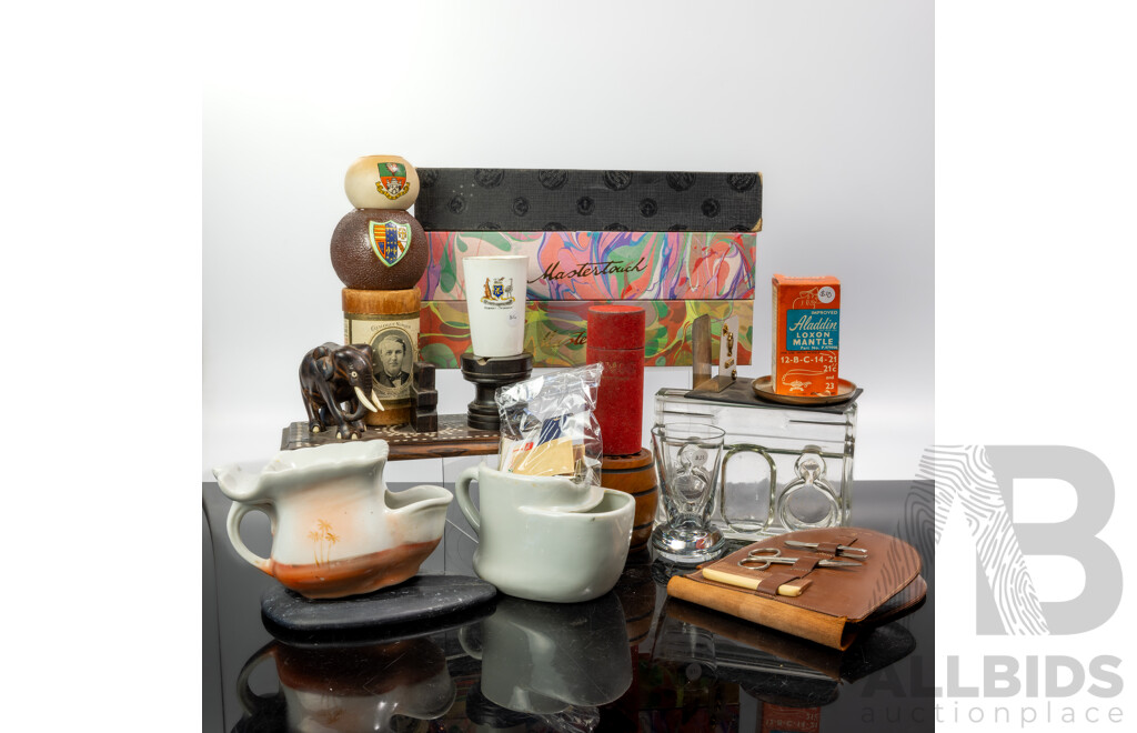 Gentlepersons Lot Including Anglo Indian Ebony Bone Inlaid Desk Standish, Shaving Mugs, Leather Vanity Set, Pianola Rolls and More
