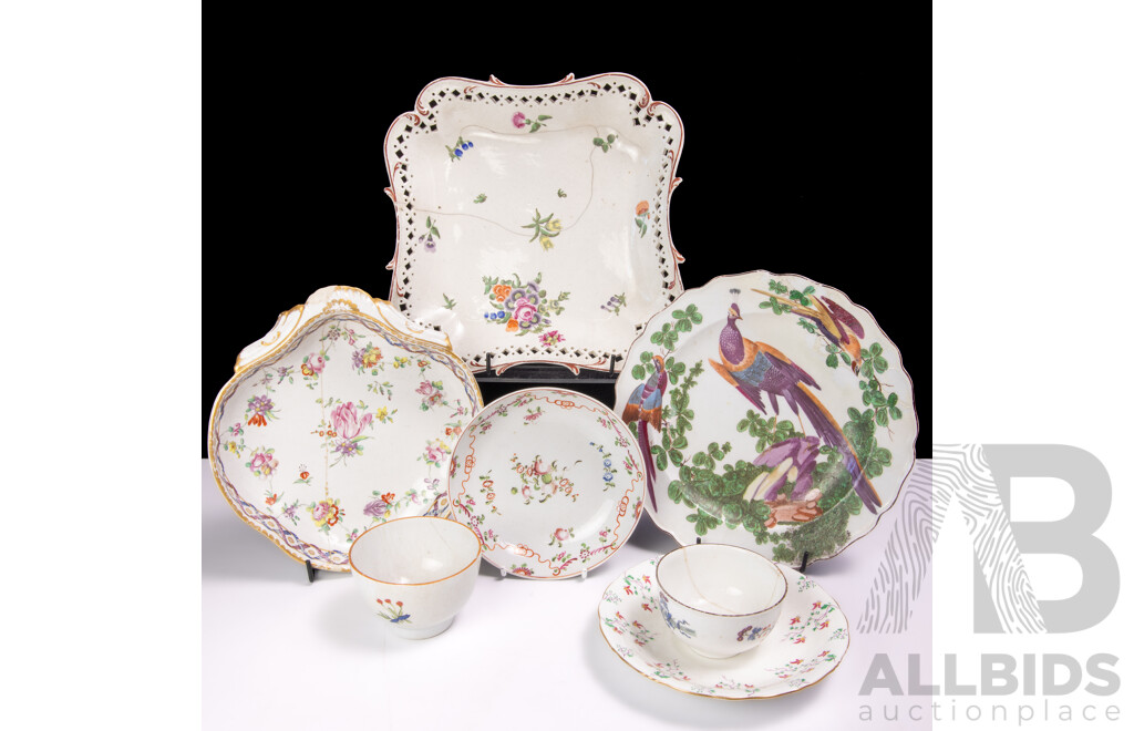 Collection Seven Antique English and Continental Porcelain Pieces, Mostly Circa Early 1800s