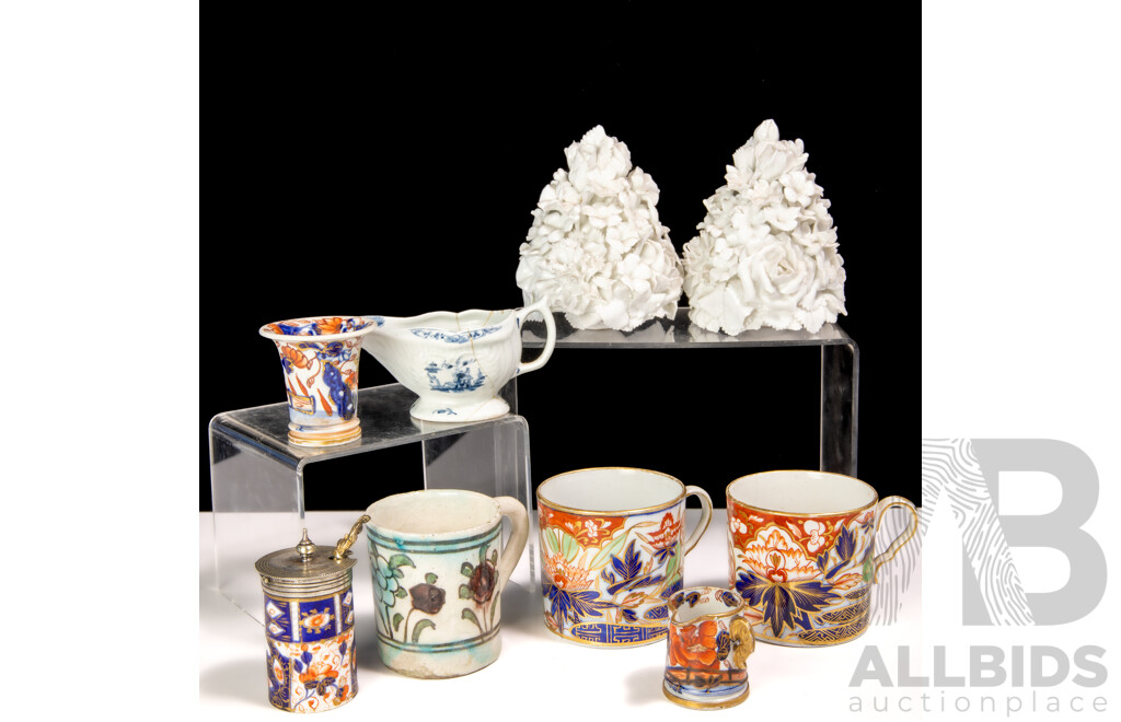 Collection Antique English and Continental Porcelain Pieces, Mostly Circa 1800s, Including Masons 1820 Miniature Imari Jug, Davenport Imari Mustard Pot and More