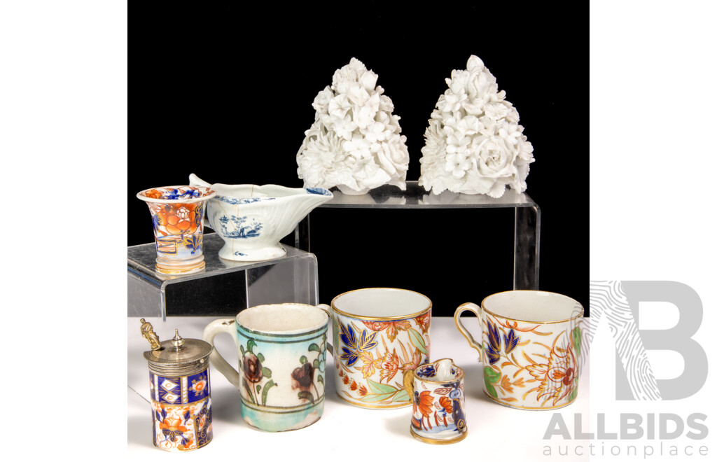 Collection Antique English and Continental Porcelain Pieces, Mostly Circa 1800s, Including Masons 1820 Miniature Imari Jug, Davenport Imari Mustard Pot and More