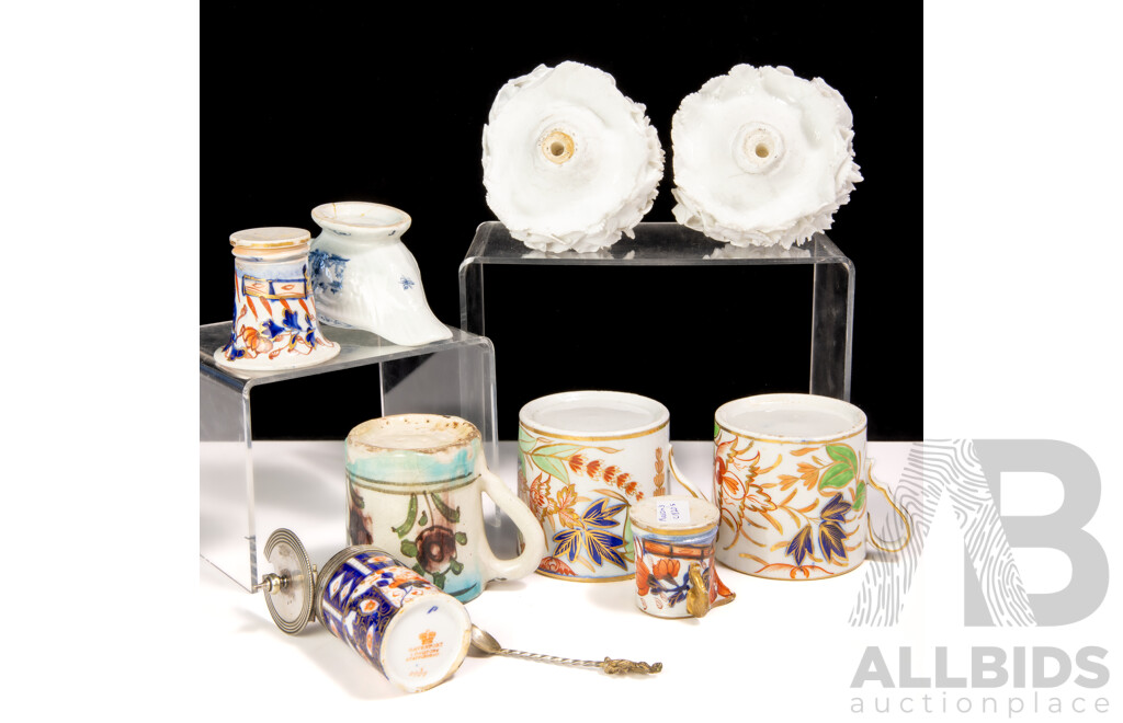 Collection Antique English and Continental Porcelain Pieces, Mostly Circa 1800s, Including Masons 1820 Miniature Imari Jug, Davenport Imari Mustard Pot and More