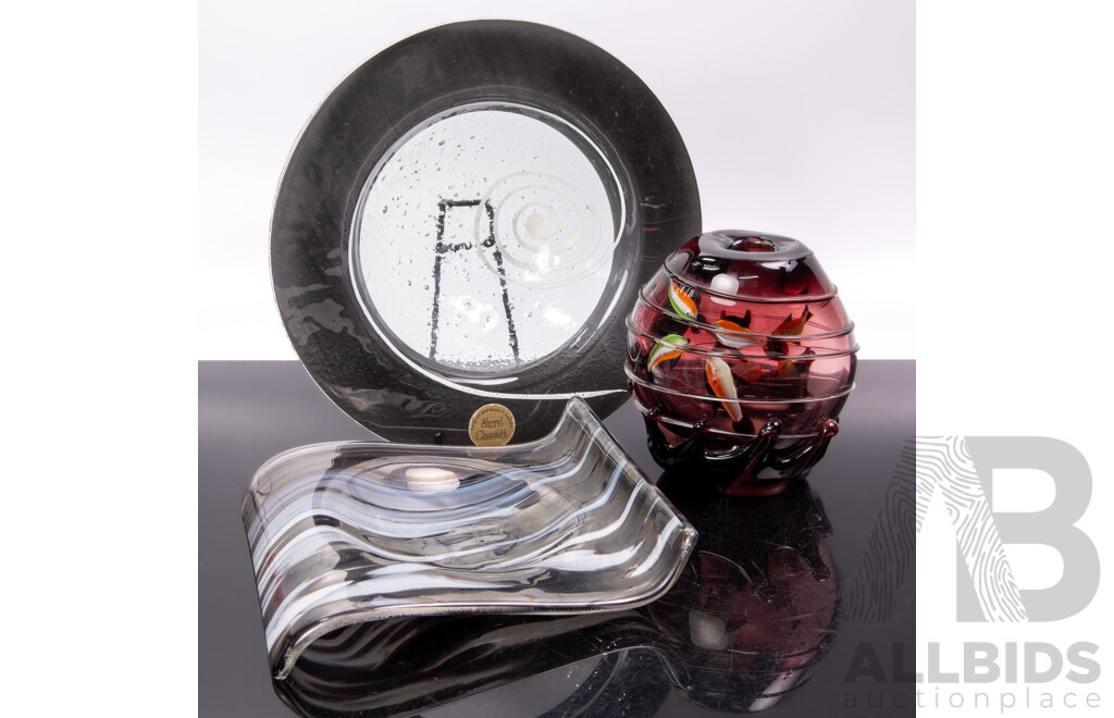 Collection Three Australian Studio Art Glass Pieces Comprising Round Dish by Sheryl Glassblowers, Square Dish by Ewan Cole & Vase with Internal Fish Detail