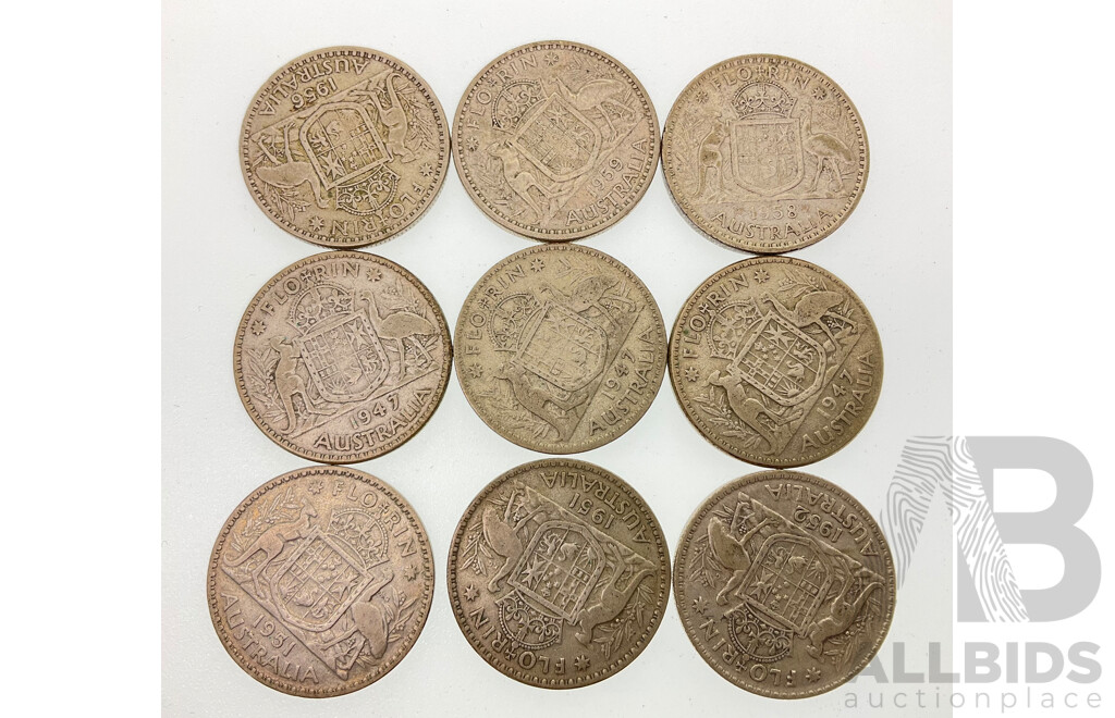 Nine Australian Silver Florins Including 1947(3) 1951(2) 1952, 1959, 1958, 1959