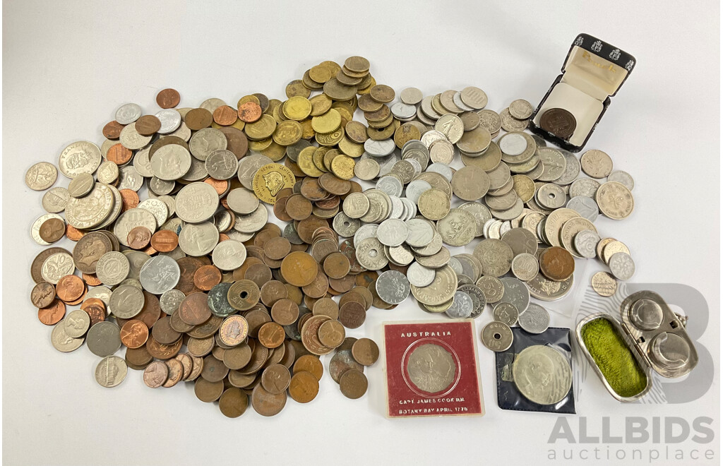 Collection of Vintage International Coins Including Kenya, USA, Singapore, Thailand, Australia, New Zealand,  UK 1980 UNC Twenty Five Pence Coin Dispenser and More - Approximately 2.3 Kilograms