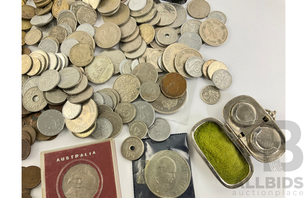 Collection of Vintage International Coins Including Kenya, USA, Singapore, Thailand, Australia, New Zealand,  UK 1980 UNC Twenty Five Pence Coin Dispenser and More - Approximately 2.3 Kilograms