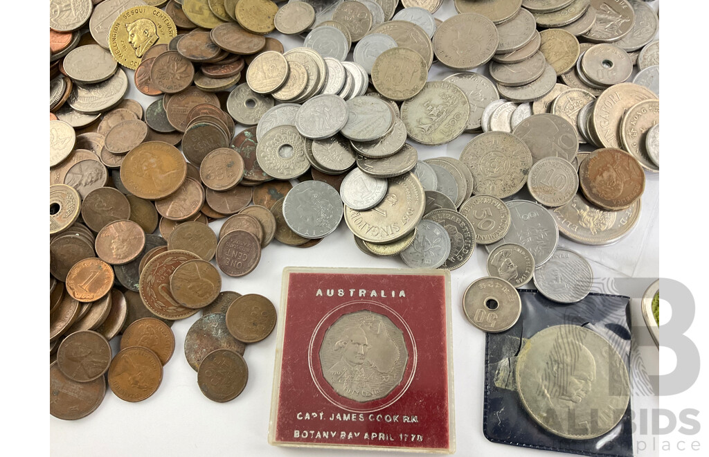 Collection of Vintage International Coins Including Kenya, USA, Singapore, Thailand, Australia, New Zealand,  UK 1980 UNC Twenty Five Pence Coin Dispenser and More - Approximately 2.3 Kilograms