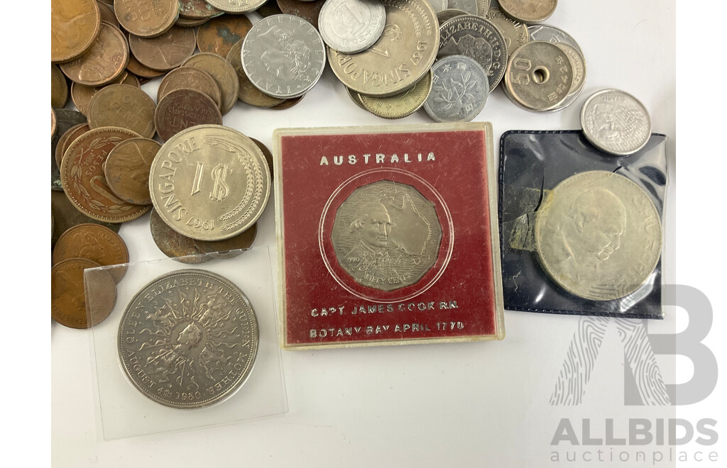 Collection of Vintage International Coins Including Kenya, USA, Singapore, Thailand, Australia, New Zealand,  UK 1980 UNC Twenty Five Pence Coin Dispenser and More - Approximately 2.3 Kilograms