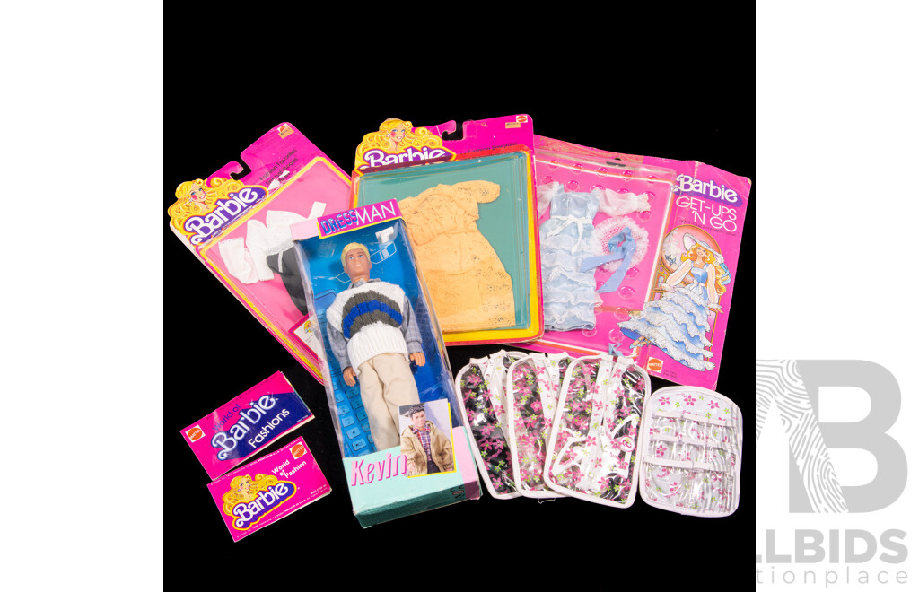 Collection Barbie and Other Clothes Including Three Carded Examples, Genuine Barbie Wardrobe Accessories, Barbie Fashion Favourites, Kevin Clone Doll in Original Box