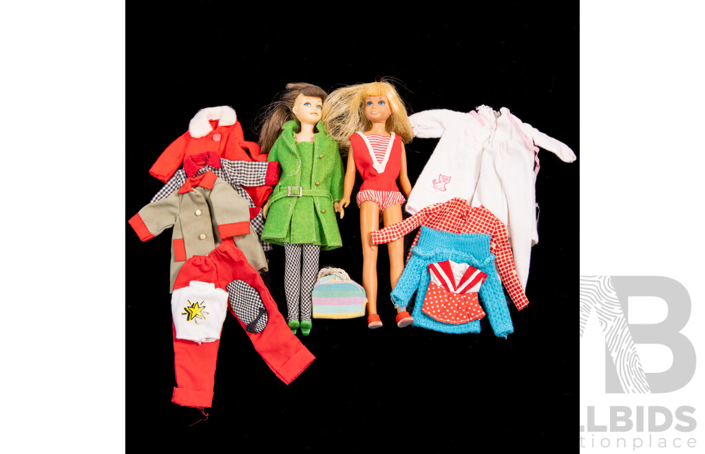 Two Vintage 1964 Skipper Dolls and Mixed Clothes Comprising Bending Legs Blond in Swimsuit & Brunette Example Wearing 1964 Town Tags