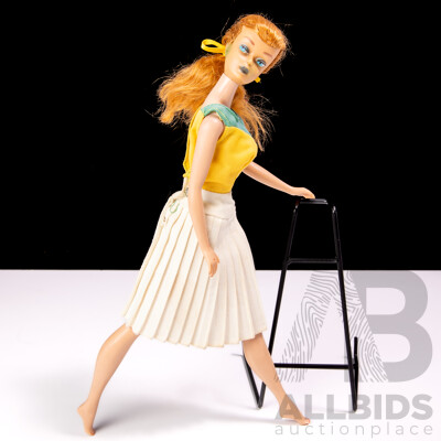 Original Vintage 1960s RedTitan  Ponytail Barbie Doll with Full Mattel Stamp & Japan Stamp to Foot, Wearing Vintage 1975 Olympics Dress