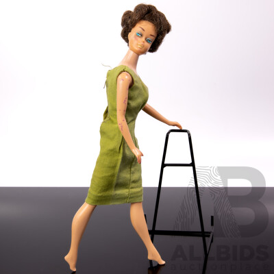 Original Vintage Early 1960s Brunette Bubble Cut Barbie Doll with Full Mattel Stamp, Wearing Vintage Barbie Poodle Parade Dress