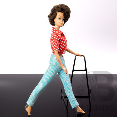 Original Vintage Early 1960s Brunette Side Cut Barbie Doll with Full Mattel Stamp & Japan Stamped to Foot, Wearing Vintage Barbie Outfit