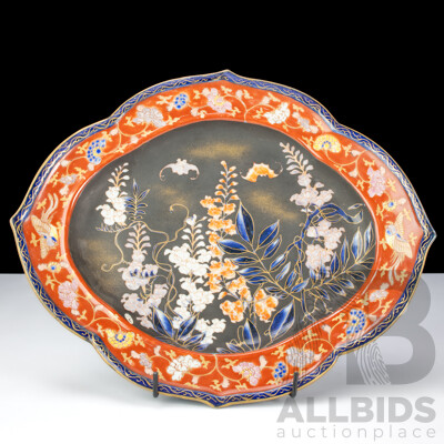 Antique Japanese Imari Porcelain Hand Painted Shaped Platter with Auspicious Bat and Floral Motifs, Circa Late 19th Century