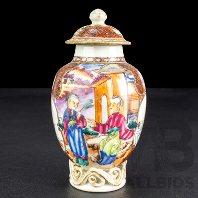 Antique Chinese Cantonese Famille Rose Porcelain Hand Painted Tea Caddy with Panelled Scenes, Circa 18th Century