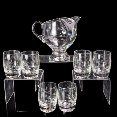 Vintage Crystal Pitcher with Six Matching Tumblers with Engraved Star Pattern Decoration