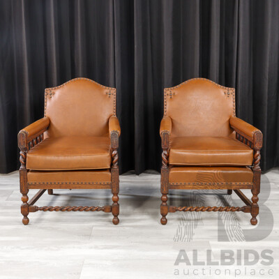 Pair of Edwardian Oak Armchairs with Leather Upholstery