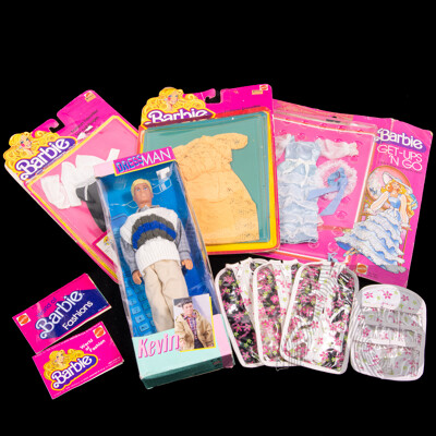 Collection Barbie and Other Clothes Including Three Carded Examples, Genuine Barbie Wardrobe Accessories, Barbie Fashion Favourites, Kevin Clone Doll in Original Box