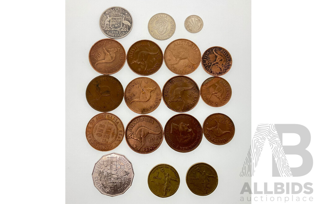 Australian Coinage Including Pre Decimal 1947 Florin, 1954 Shilling, 1955 Threepence, 1933 Penny, Three 1943I India Mint Pennies, Four KGVI Pennies, 1951, 1954, 1961 Half Pennies.......