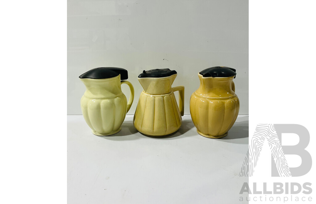 Collection Three Vintage Art Deco Ceramic Electric Kettles Including Helca and AEI Examples
